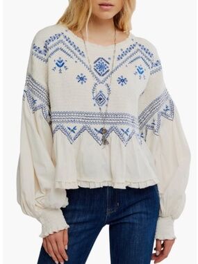 Free People Holly Smocked Embroidered Top in Eggnog Combo